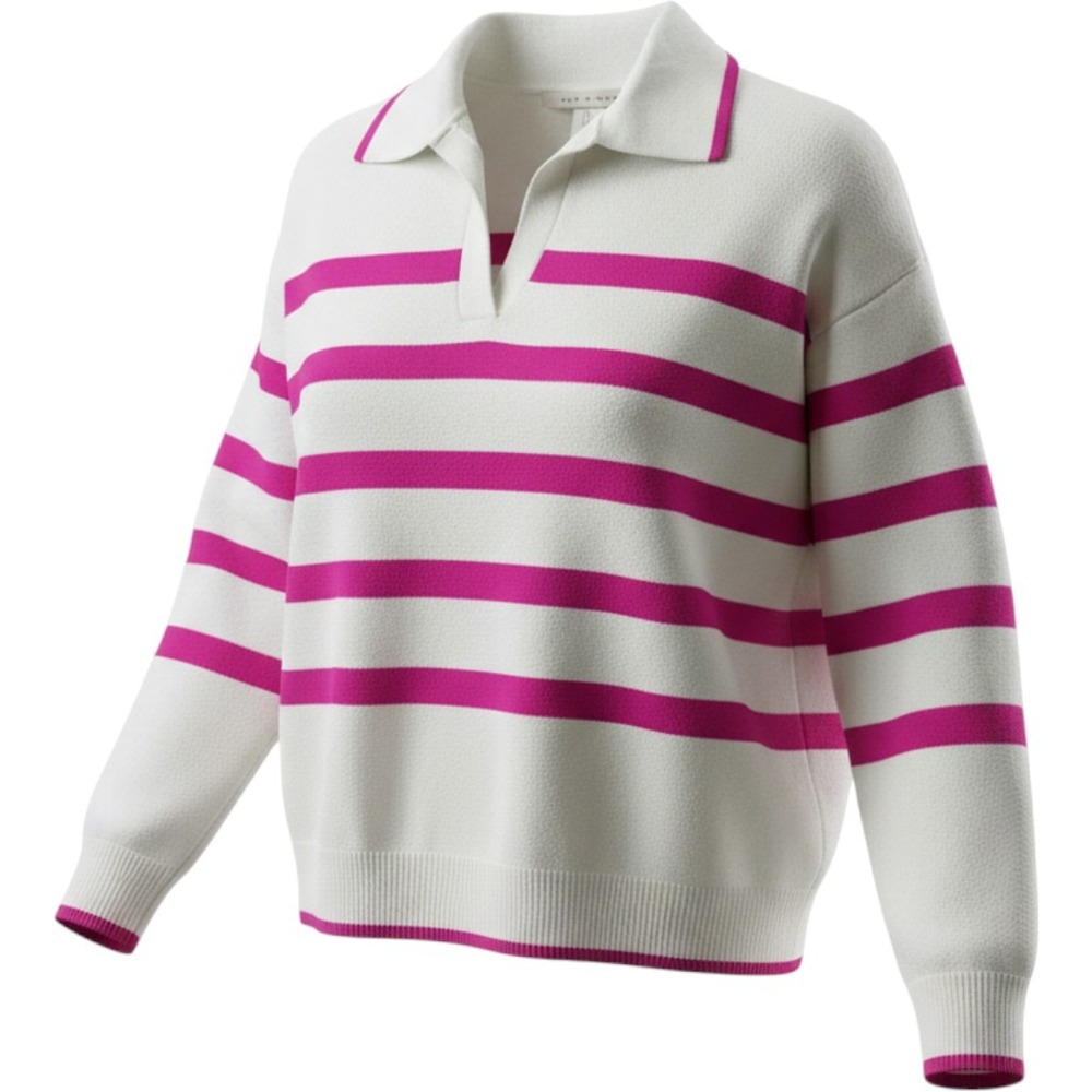 Max Studio Womens Small White Pink Striped Polo Sweater Long Sleeve V-Neck Knit